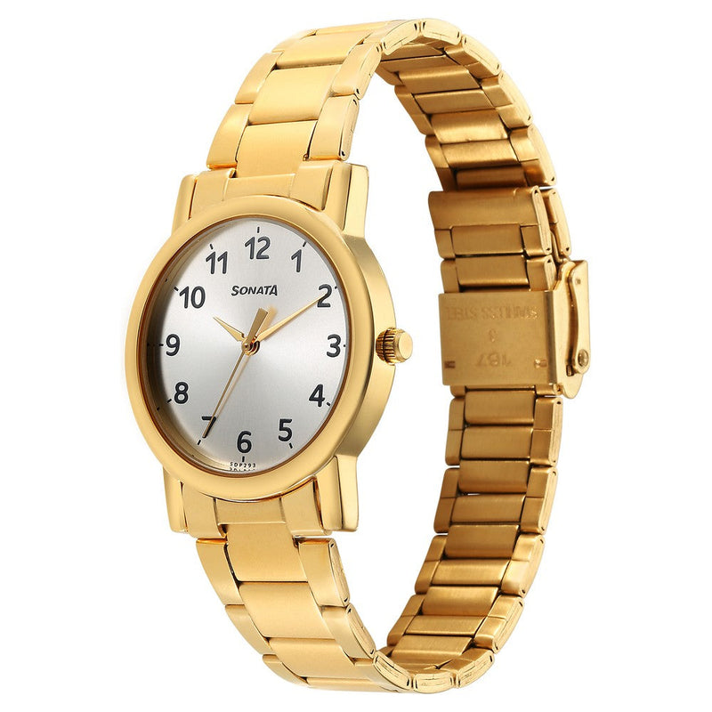 Sonata Classic Quartz Analog Silver Dial Golden Stainless Steel Strap Watch for Men