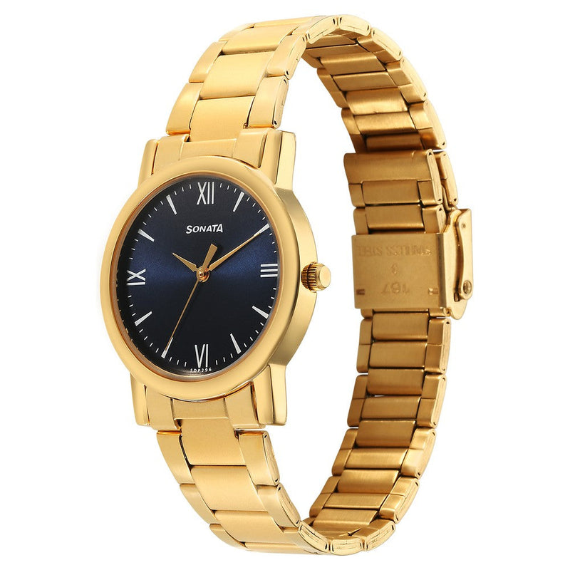 Sonata Classic Quartz Analog Blue Dial Golden Stainless Steel Strap Watch for Men