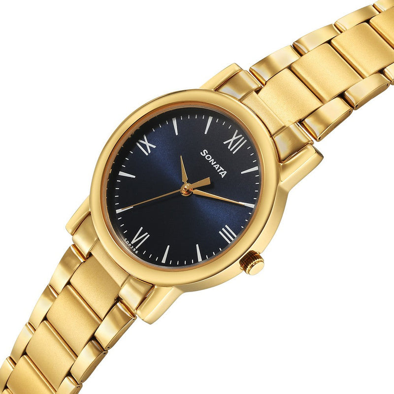 Sonata Classic Quartz Analog Blue Dial Golden Stainless Steel Strap Watch for Men