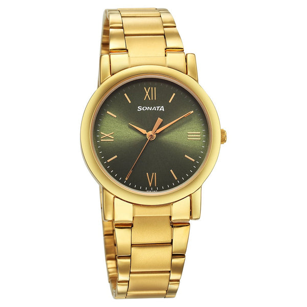 Sonata Classic Quartz Analog Green Dial Golden Stainless Steel Strap Watch for Men