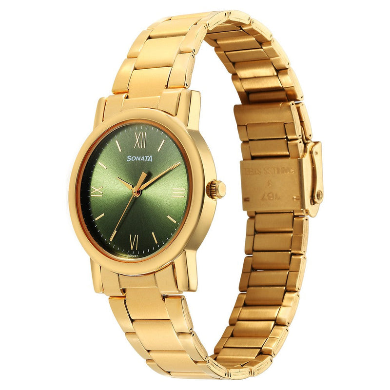 Sonata Classic Quartz Analog Green Dial Golden Stainless Steel Strap Watch for Men