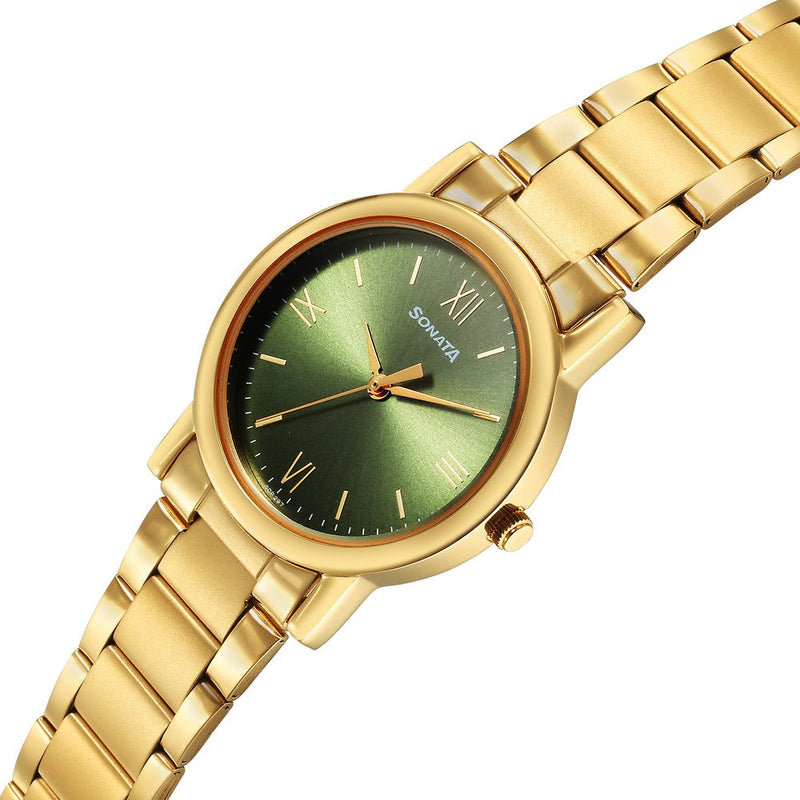 Sonata Classic Quartz Analog Green Dial Golden Stainless Steel Strap Watch for Men