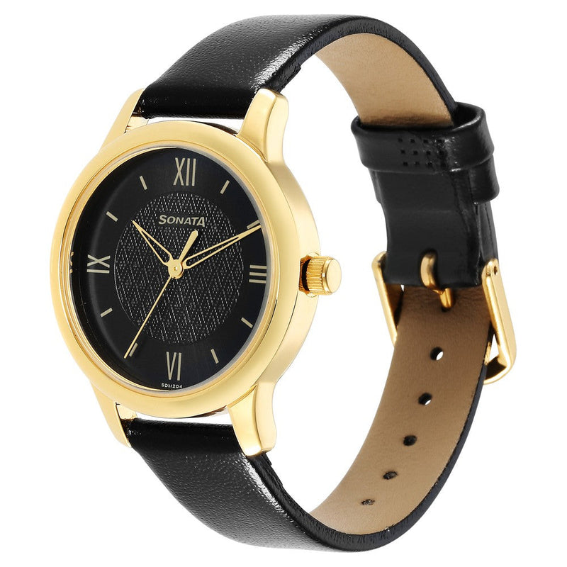 ClassicåÊGold Black Dial Leather Strap Watch for Women