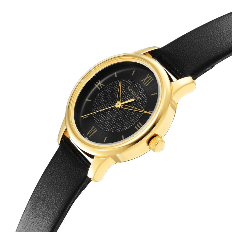 ClassicåÊGold Black Dial Leather Strap Watch for Women