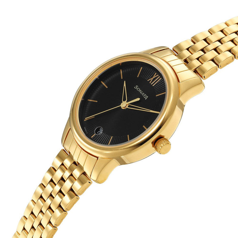 ClassicåÊGold Black Dial Metal Strap Watch for Women