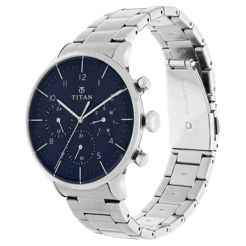 Titan Quartz Multifunction Blue Dial Stainless Steel Strap Watch for Men