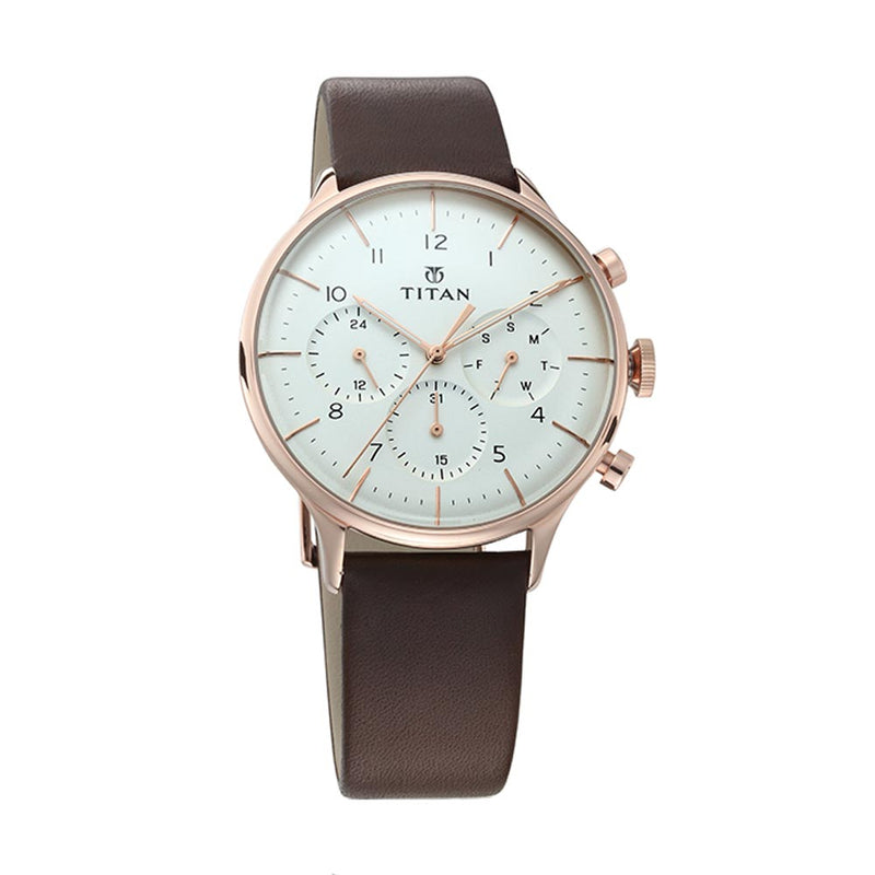 Titan Quartz Multifunction White Dial Leather Strap Watch for Men