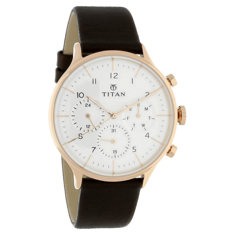 Titan Quartz Multifunction White Dial Leather Strap Watch for Men