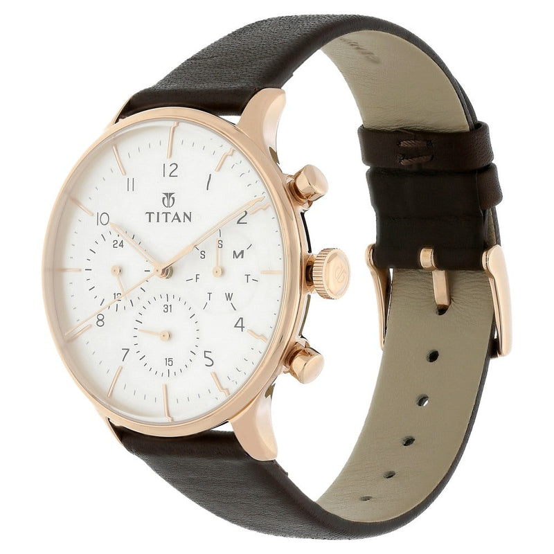 Titan Quartz Multifunction White Dial Leather Strap Watch for Men