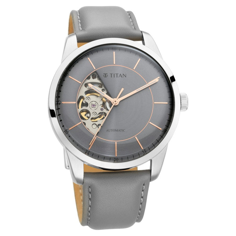 Titan Automatics Grey Dial Automatic Leather Strap Watch for Men