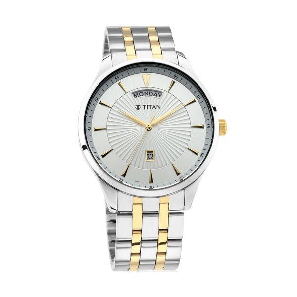 Titan Regalia Opulent White Dial Analog with Day and Date Stainless Steel Strap Watch for Men