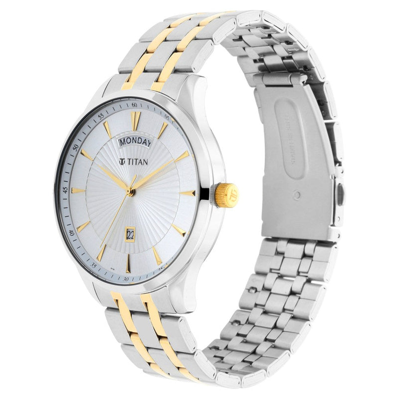 Titan Regalia Opulent White Dial Analog with Day and Date Stainless Steel Strap Watch for Men