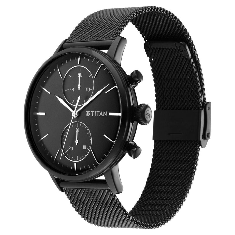 Titan Light Leathers Black Dial Multi Stainless Steel Strap Watch for Men