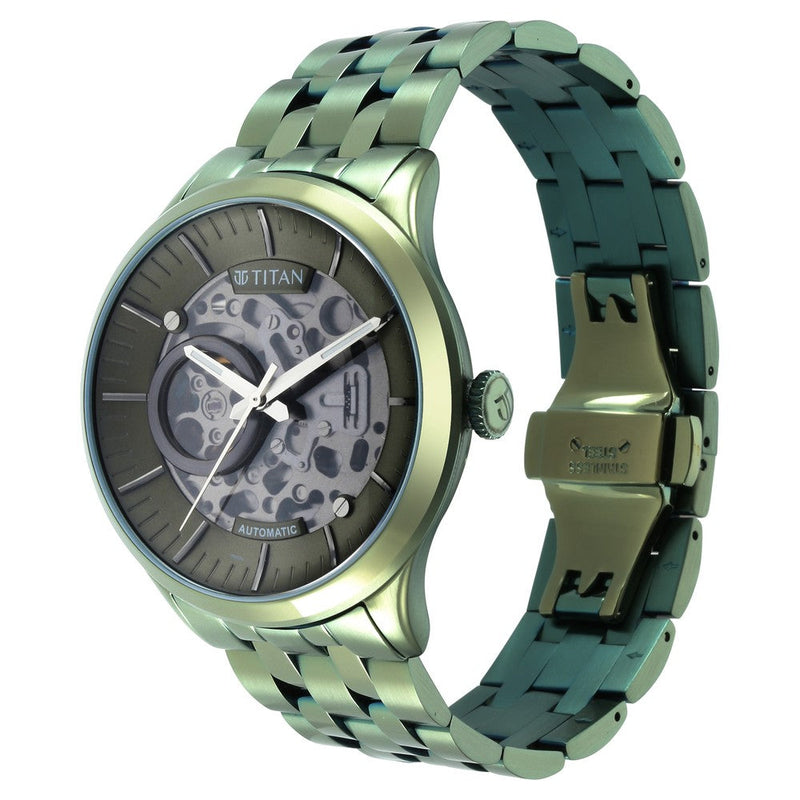 Titan Metal Mechanicals Green Dial Automatic Stainless Steel Strap Watch for Men