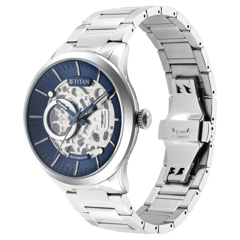 Titan Metal Mechanicals Blue Dial Automatic Stainless Steel Strap watch for Men