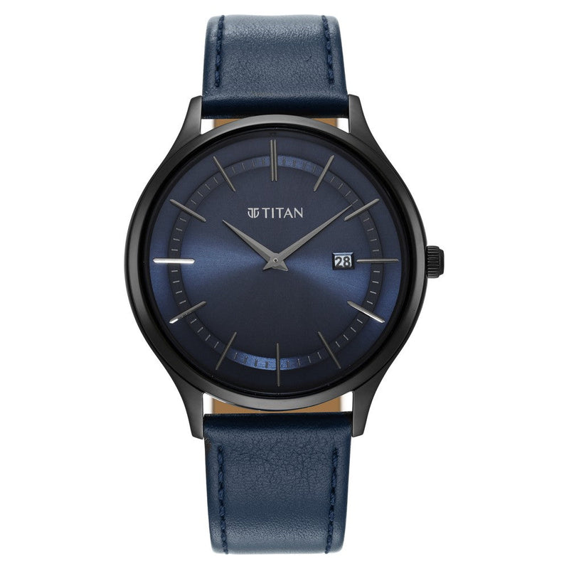 Titan Classique Slimline Blue Dial Analog with Date Leather Strap watch for Men