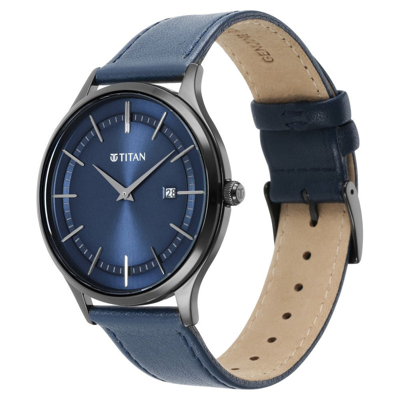 Titan Classique Slimline Blue Dial Analog with Date Leather Strap watch for Men