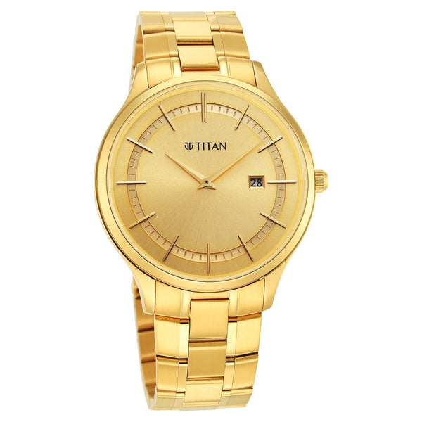 Titan Classique Slimline Champagne Dial Analog with Day and Date Stainless Steel Strap Watch for Men