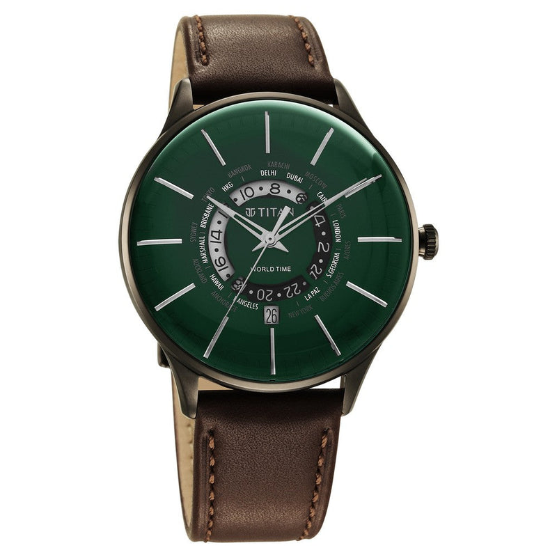 Titan World Time Green Dial World Time with Date Leather Strap watch for Men