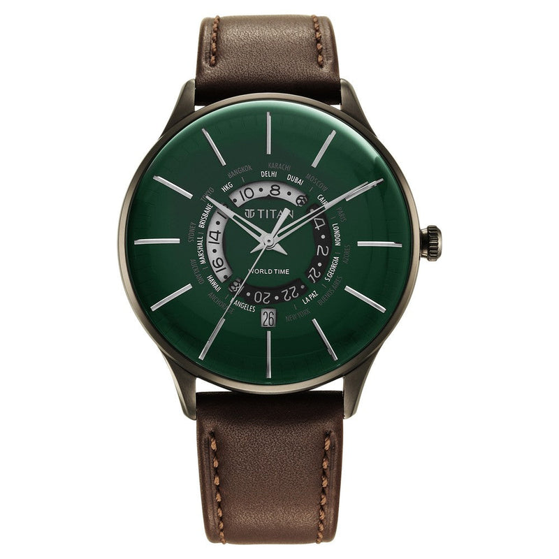 Titan World Time Green Dial World Time with Date Leather Strap watch for Men