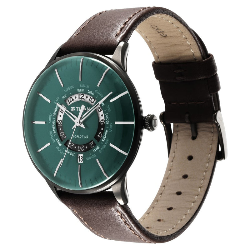 Titan World Time Green Dial World Time with Date Leather Strap watch for Men