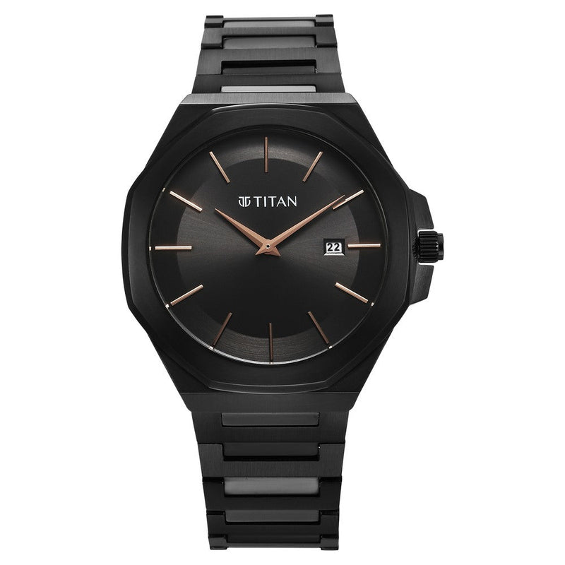 Titan Classique Slim Quartz Analog with Date Black Dial Stainless Steel Strap Watch for Men