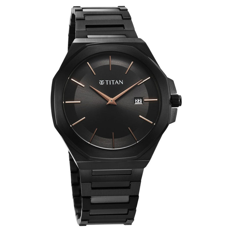 Titan Classique Slim Quartz Analog with Date Black Dial Stainless Steel Strap Watch for Men