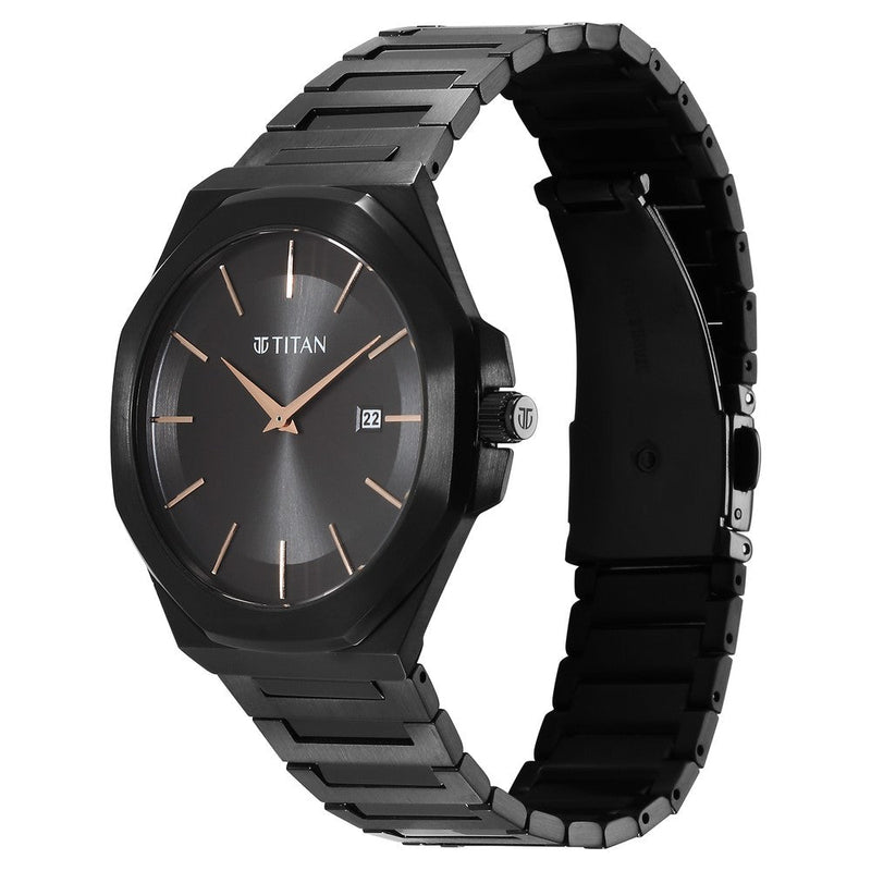 Titan Classique Slim Quartz Analog with Date Black Dial Stainless Steel Strap Watch for Men