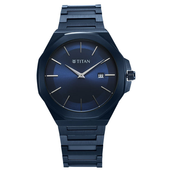 Titan Classique Slim Quartz Analog with Date Blue Dial Stainless Steel Strap Watch for Men