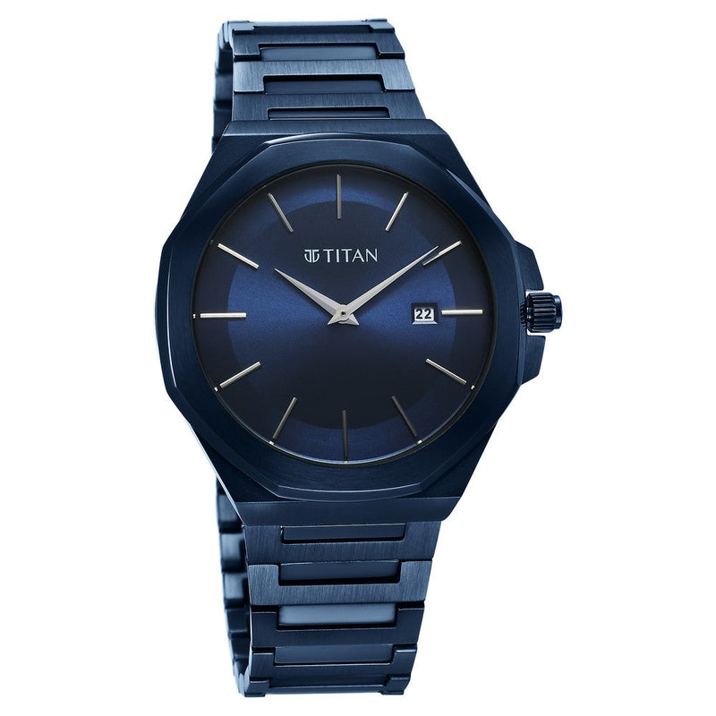 Titan Classique Slim Quartz Analog with Date Blue Dial Stainless Steel Strap Watch for Men