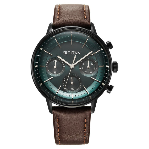 Titan Light Leathers Quartz Multifunction Black Dial Stainless Steel Strap Watch for Men