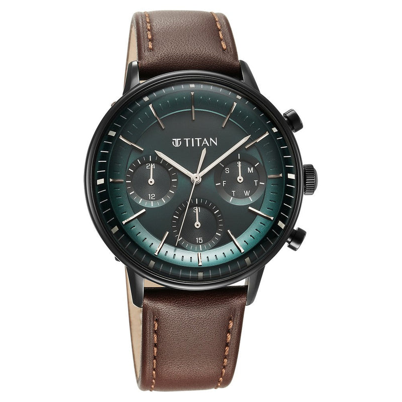 Titan Light Leathers Quartz Multifunction Black Dial Stainless Steel Strap Watch for Men