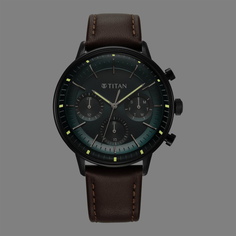 Titan Light Leathers Quartz Multifunction Black Dial Stainless Steel Strap Watch for Men