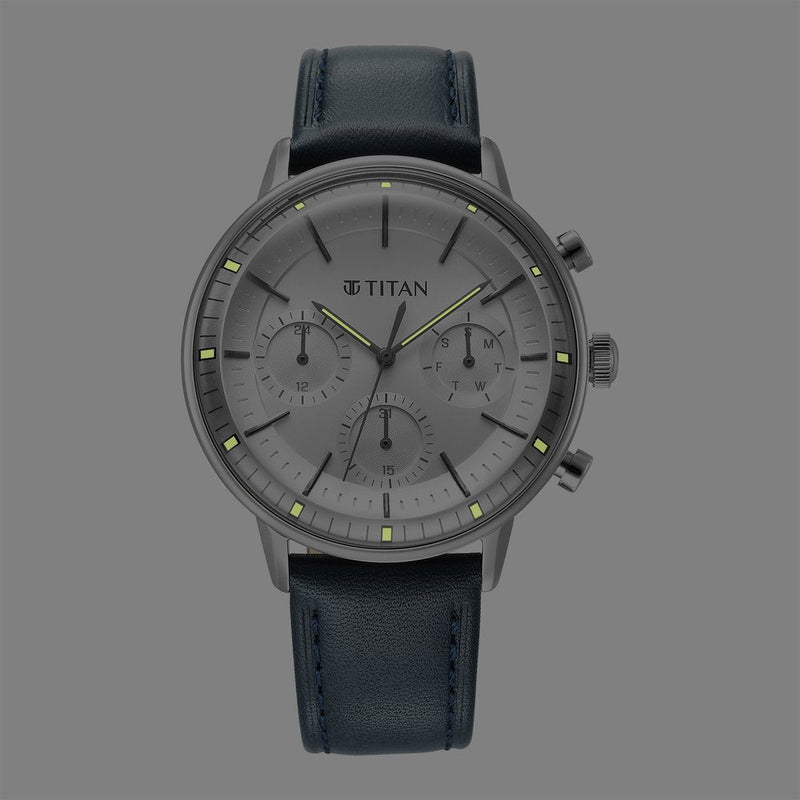 Titan Light Leathers Quartz Multifunction Black Dial Stainless Steel Strap Watch for Men