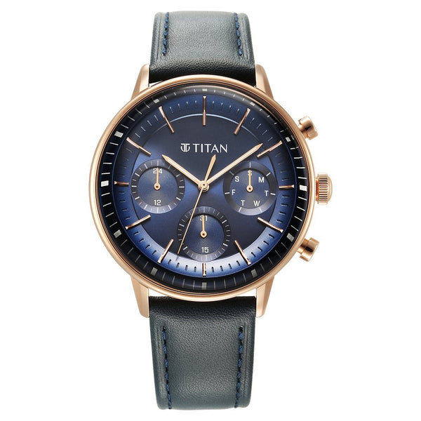 Titan Light Leathers Quartz Multifunction Blue Dial Stainless Steel Strap Watch for Men