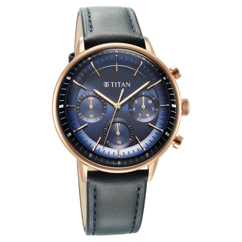 Titan Light Leathers Quartz Multifunction Blue Dial Stainless Steel Strap Watch for Men