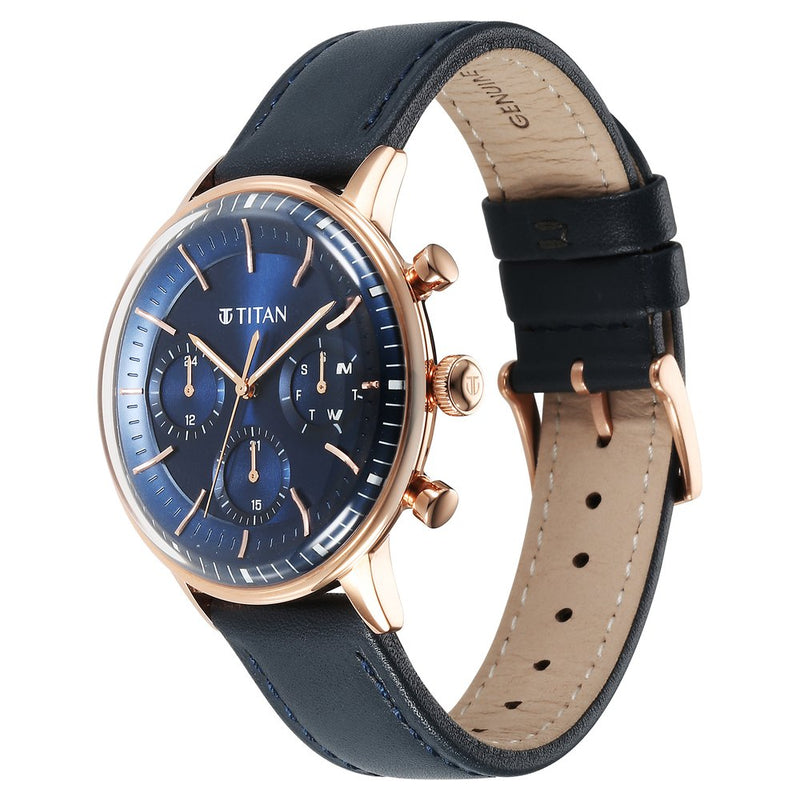 Titan Light Leathers Quartz Multifunction Blue Dial Stainless Steel Strap Watch for Men