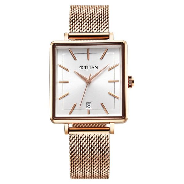 Titan Minimalists Quartz Analog with Date Silver Dial Rose Gold Stainless Steel Strap Watch for Women