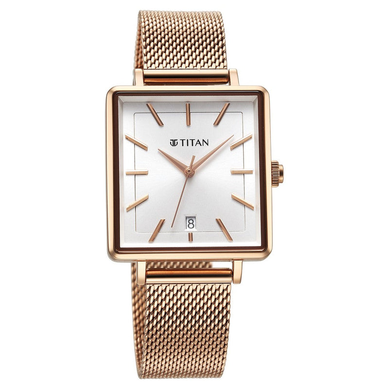 Titan Minimalists Quartz Analog with Date Silver Dial Rose Gold Stainless Steel Strap Watch for Women