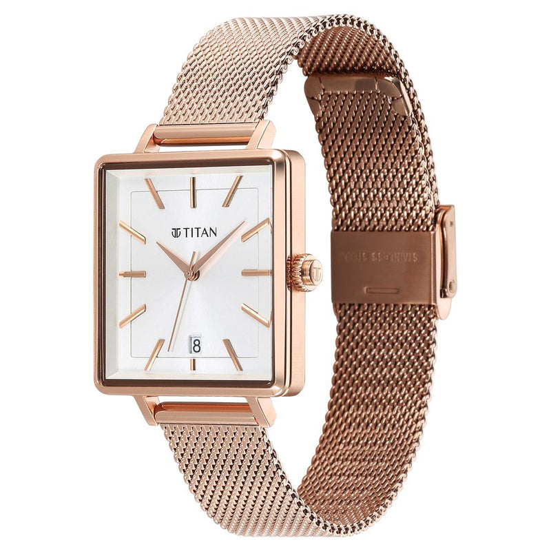 Titan Minimalists Quartz Analog with Date Silver Dial Rose Gold Stainless Steel Strap Watch for Women