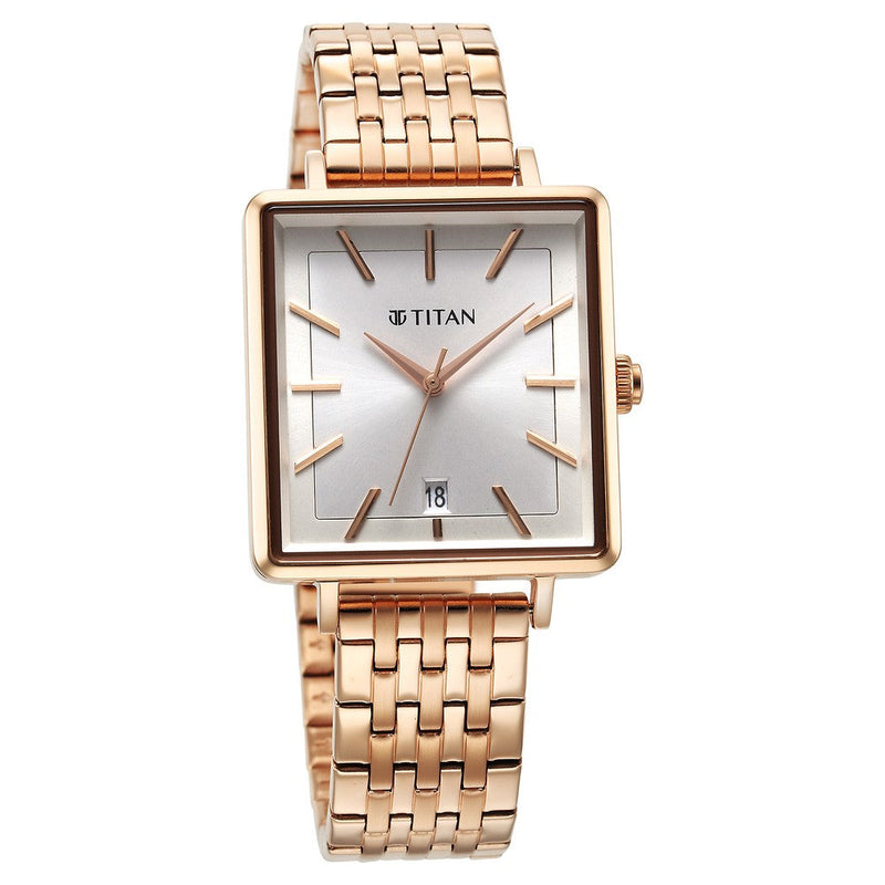 Titan Minimalists Quartz Analog with Date Silver Dial Rose Gold Stainless Steel Strap Watch for Women