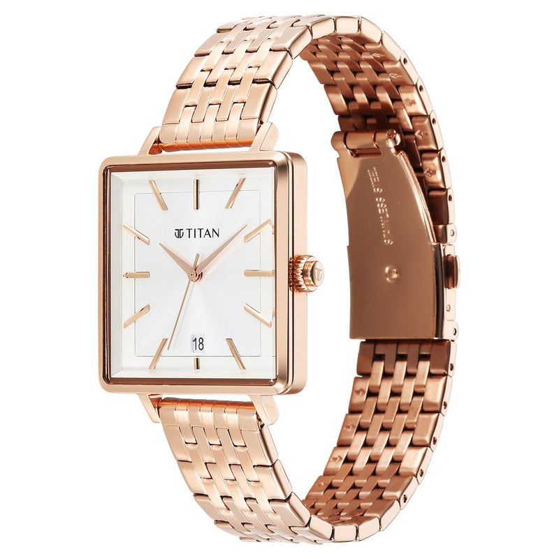 Titan Minimalists Quartz Analog with Date Silver Dial Rose Gold Stainless Steel Strap Watch for Women