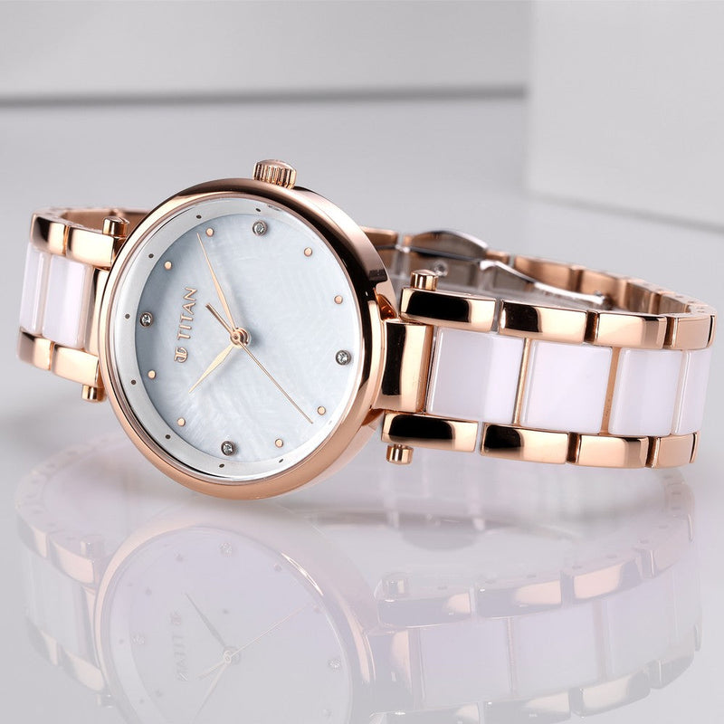 Titan Quartz Analog White Dial Ceramic Strap Watch for Women