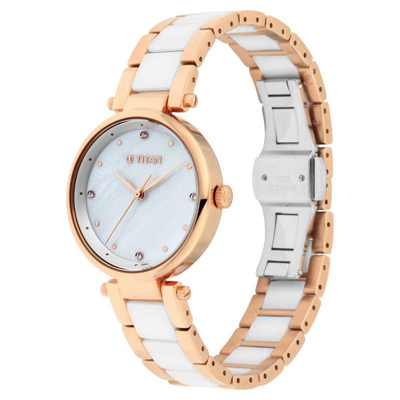 Titan Quartz Analog White Dial Ceramic Strap Watch for Women