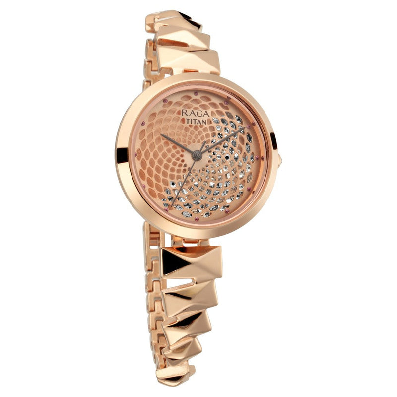 Titan Raga Facets Rose Gold Dial Women Watch With Stainless Steel Strap