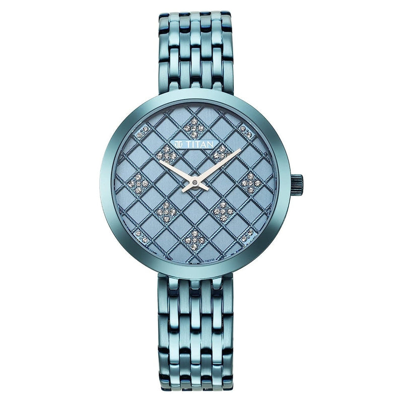 Titan Quartz Analog Blue Dial Stainless Steel Strap Watch for Women