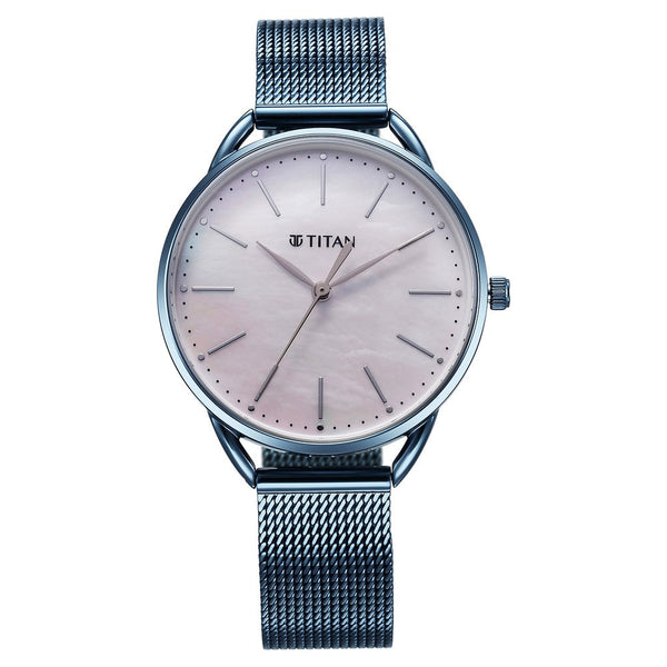 Titan Slimline Quartz Analog Mother Of Pearl Dial Blue Stainless Steel Strap Watch for Women