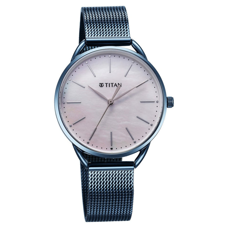 Titan Slimline Quartz Analog Mother Of Pearl Dial Blue Stainless Steel Strap Watch for Women