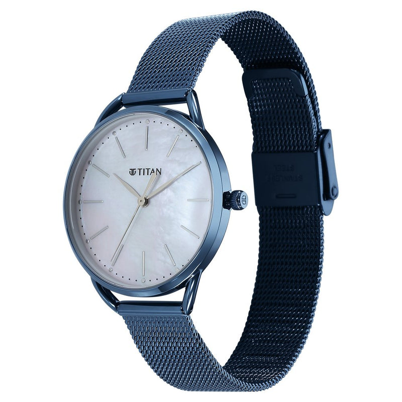 Titan Slimline Quartz Analog Mother Of Pearl Dial Blue Stainless Steel Strap Watch for Women