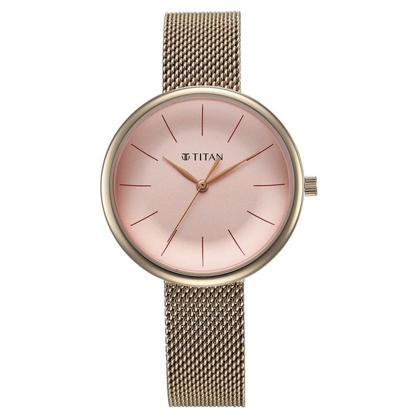 Titan Slimline Quartz Analog Pink Dial Rose Gold Stainless Steel Strap Watch for Women